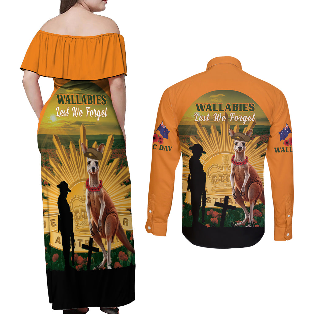 Australia Wallabies Rugby ANZAC Day Couples Matching Off Shoulder Maxi Dress and Long Sleeve Button Shirt 2024 Lest We Forget