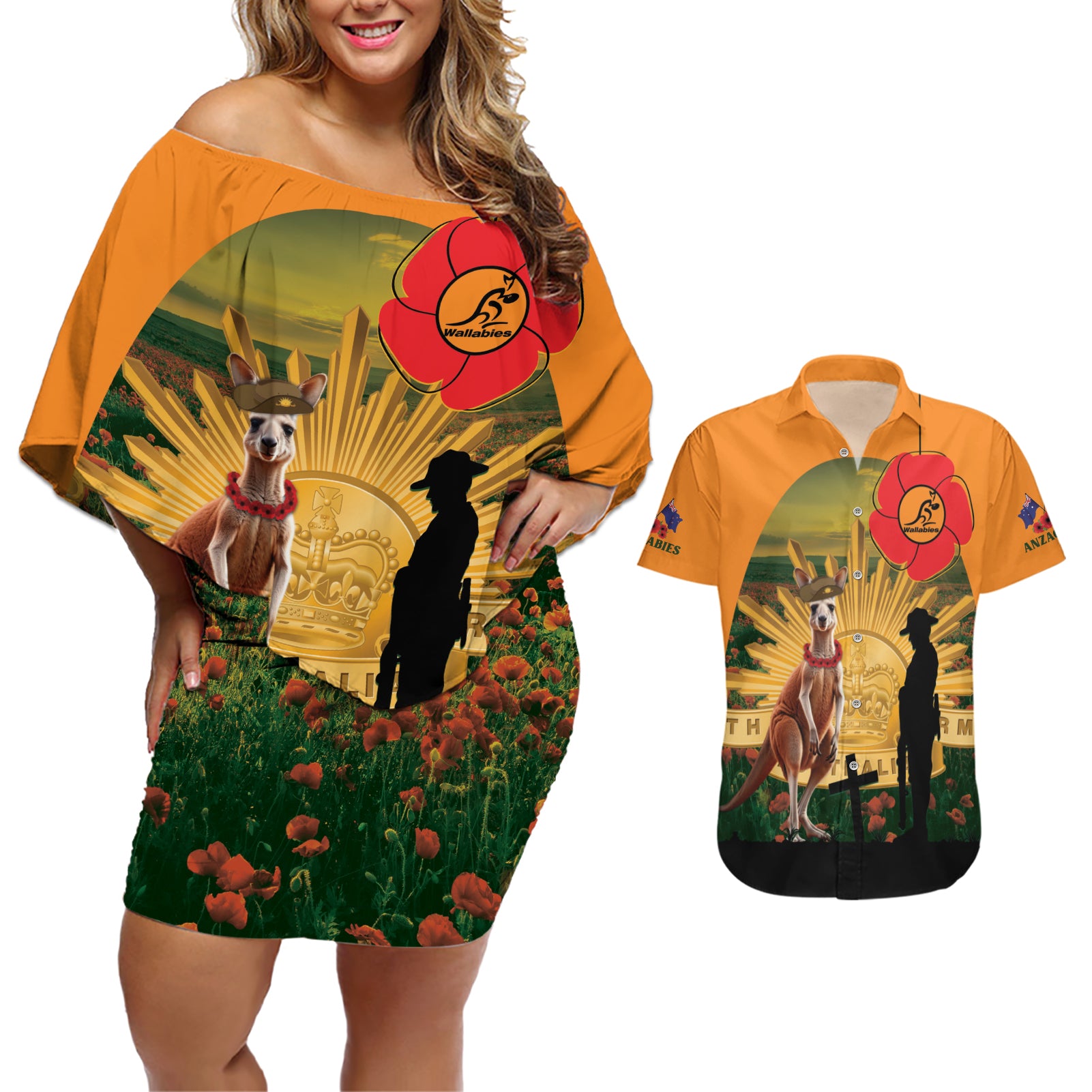 Australia Wallabies Rugby ANZAC Day Couples Matching Off Shoulder Short Dress and Hawaiian Shirt 2024 Lest We Forget