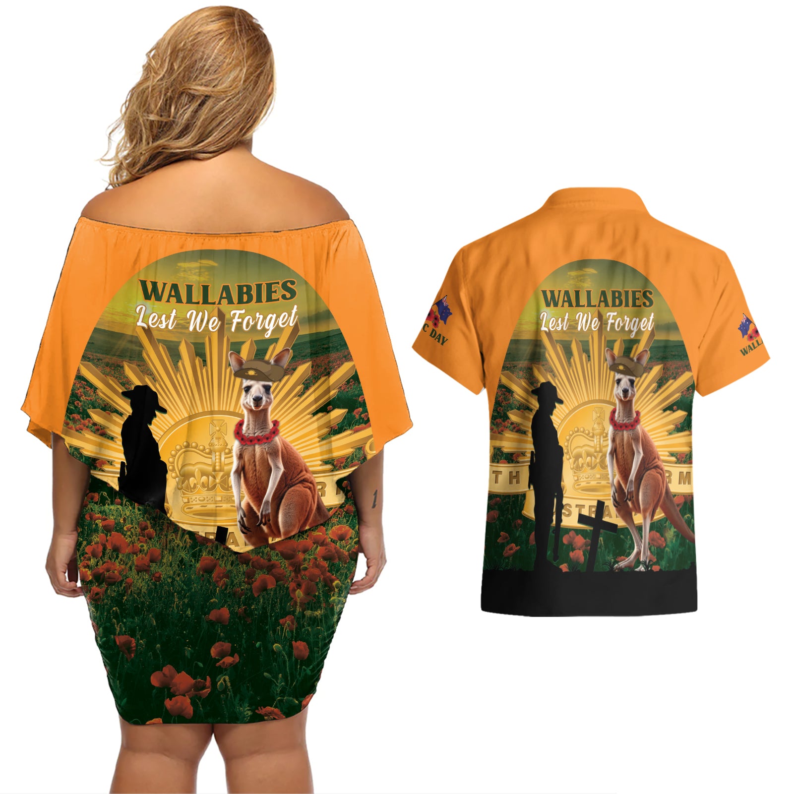 Australia Wallabies Rugby ANZAC Day Couples Matching Off Shoulder Short Dress and Hawaiian Shirt 2024 Lest We Forget