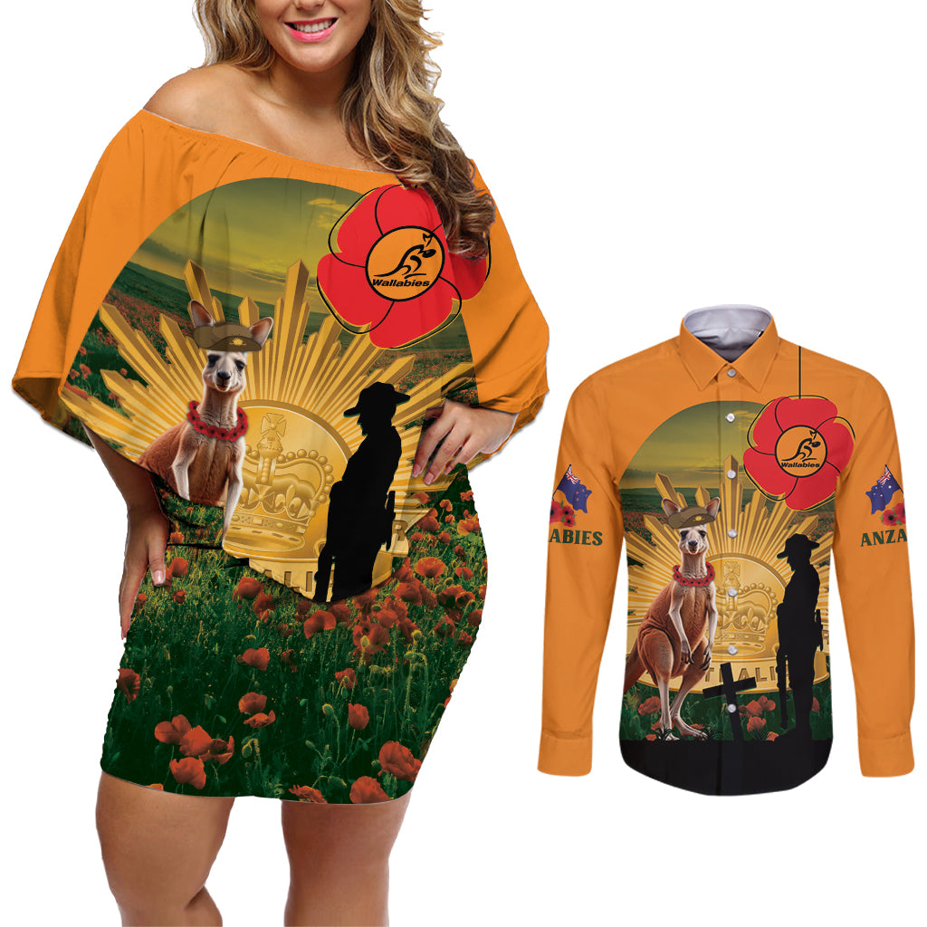 Australia Wallabies Rugby ANZAC Day Couples Matching Off Shoulder Short Dress and Long Sleeve Button Shirt 2024 Lest We Forget