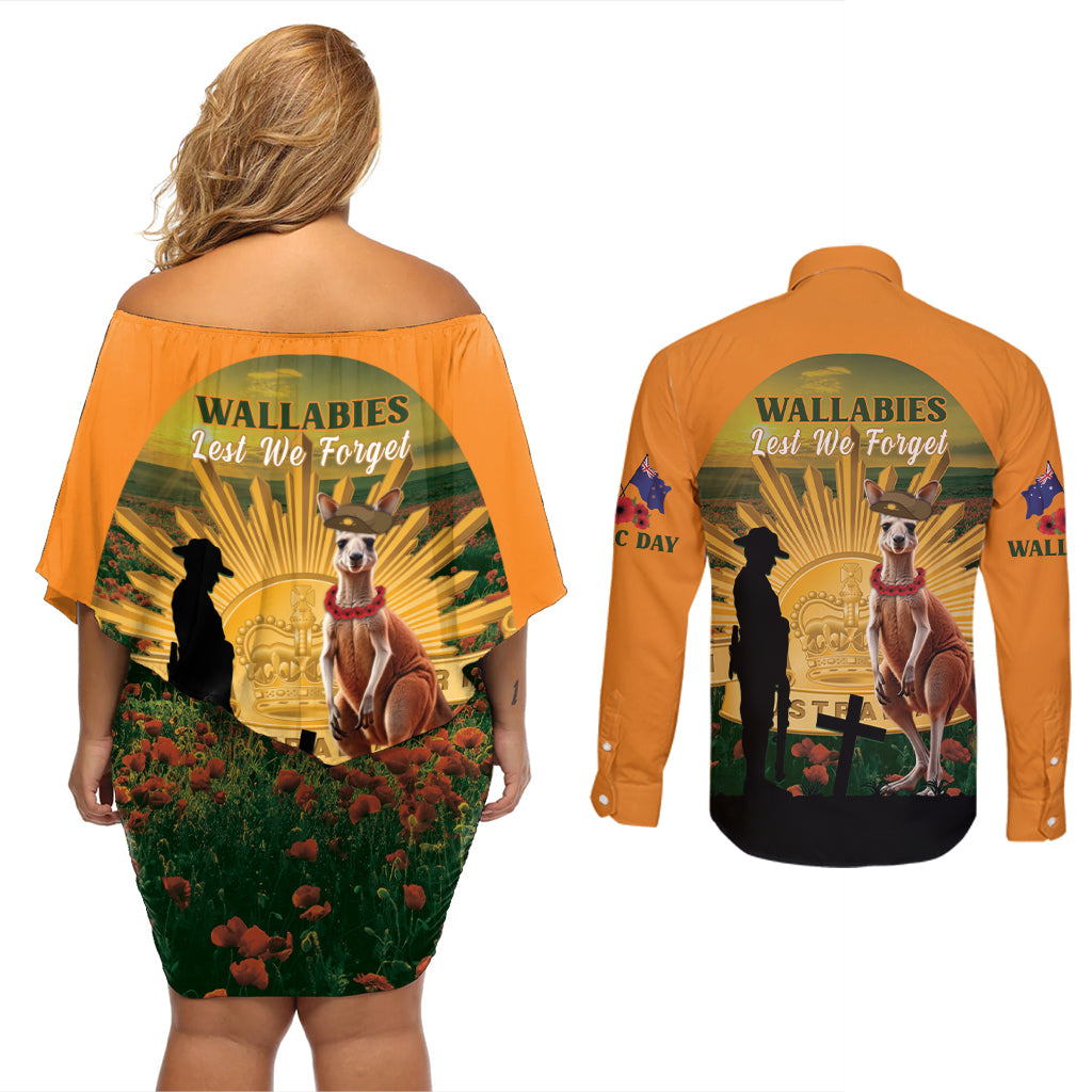 Australia Wallabies Rugby ANZAC Day Couples Matching Off Shoulder Short Dress and Long Sleeve Button Shirt 2024 Lest We Forget