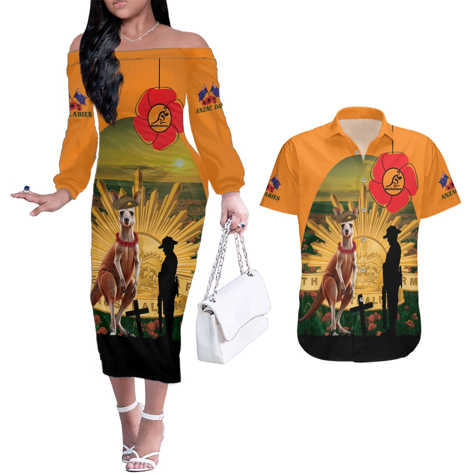 Australia Wallabies Rugby ANZAC Day Couples Matching Off The Shoulder Long Sleeve Dress and Hawaiian Shirt 2024 Lest We Forget