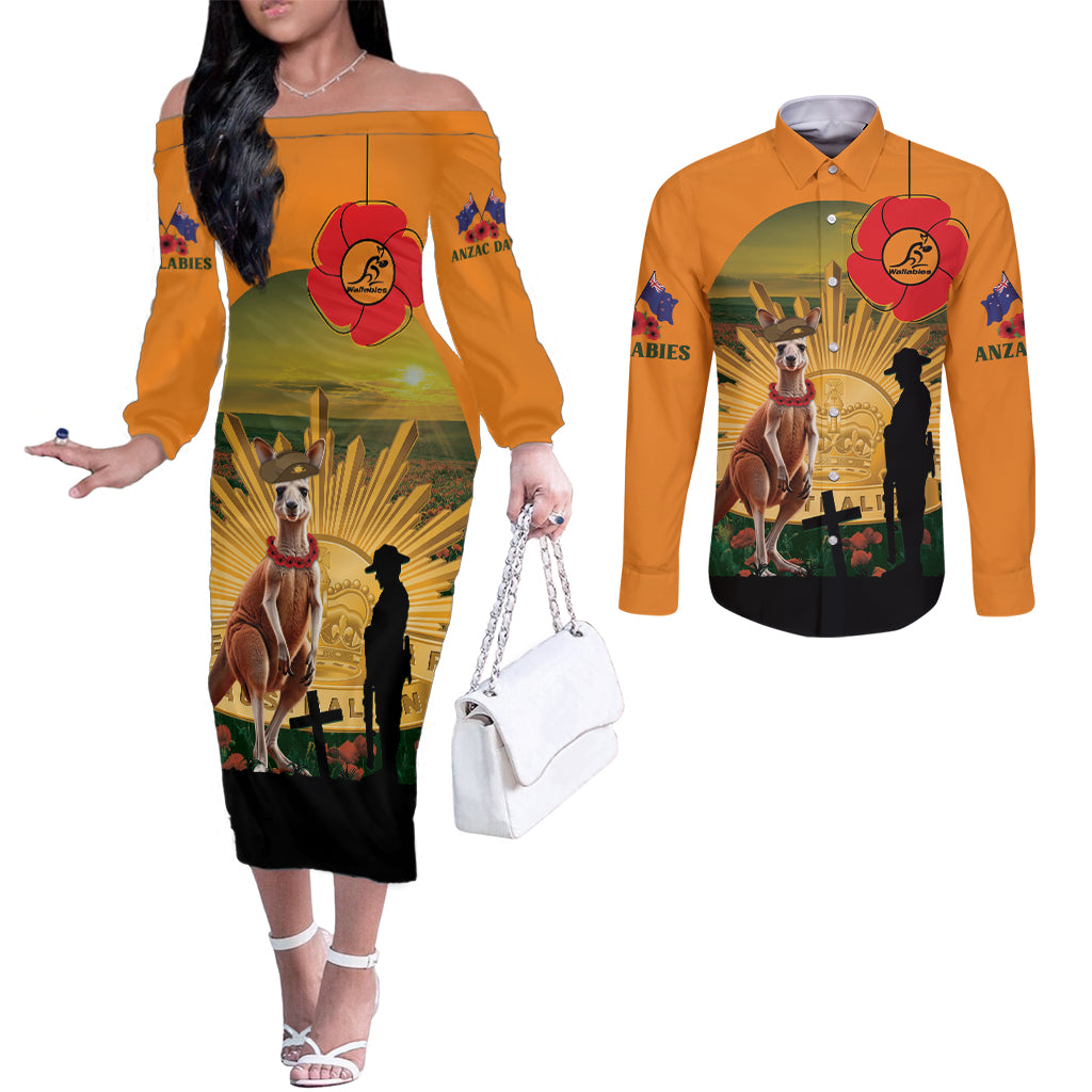 Australia Wallabies Rugby ANZAC Day Couples Matching Off The Shoulder Long Sleeve Dress and Long Sleeve Button Shirt 2024 Lest We Forget
