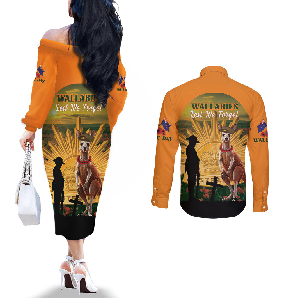 Australia Wallabies Rugby ANZAC Day Couples Matching Off The Shoulder Long Sleeve Dress and Long Sleeve Button Shirt 2024 Lest We Forget