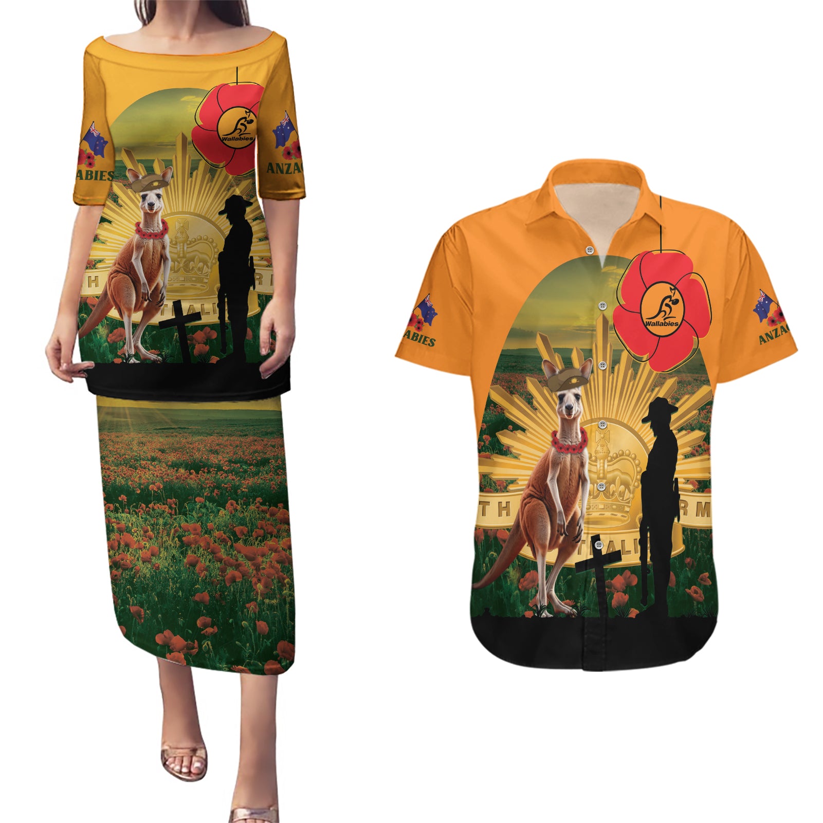 Australia Wallabies Rugby ANZAC Day Couples Matching Puletasi and Hawaiian Shirt 2024 Lest We Forget