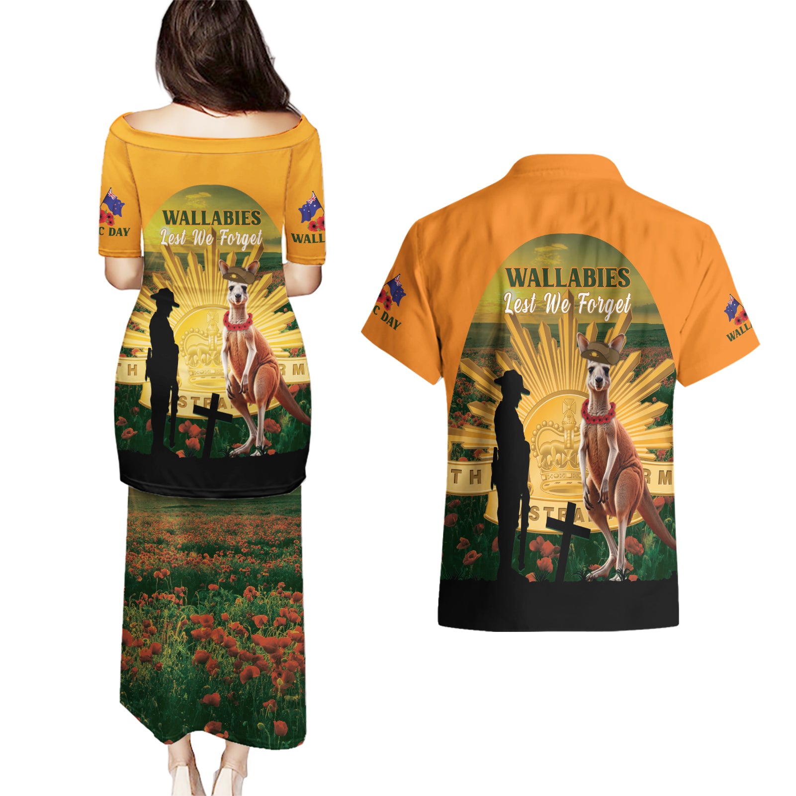Australia Wallabies Rugby ANZAC Day Couples Matching Puletasi and Hawaiian Shirt 2024 Lest We Forget