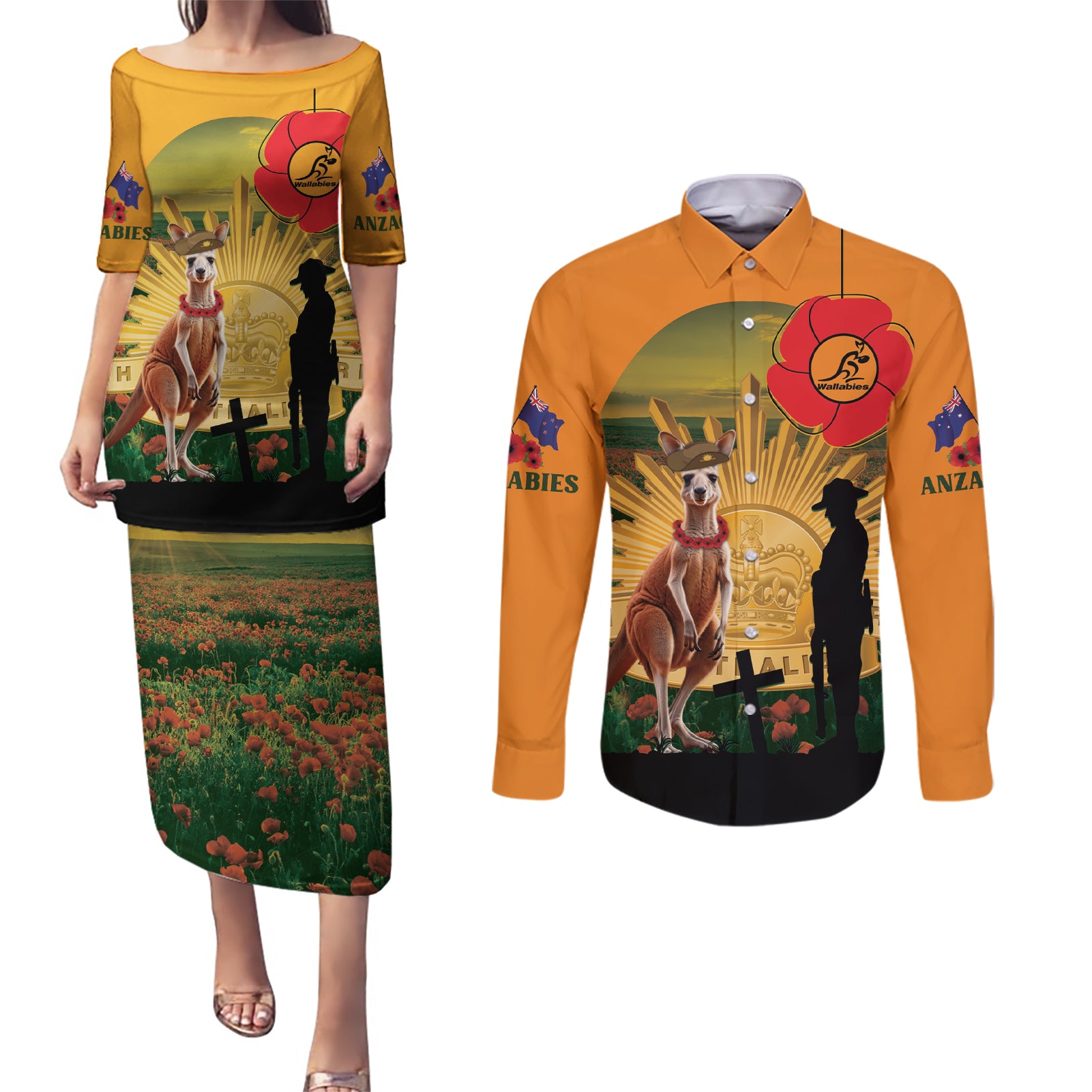 Australia Wallabies Rugby ANZAC Day Couples Matching Puletasi and Long Sleeve Button Shirt 2024 Lest We Forget