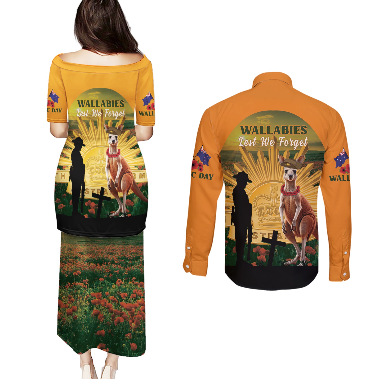 Australia Wallabies Rugby ANZAC Day Couples Matching Puletasi and Long Sleeve Button Shirt 2024 Lest We Forget