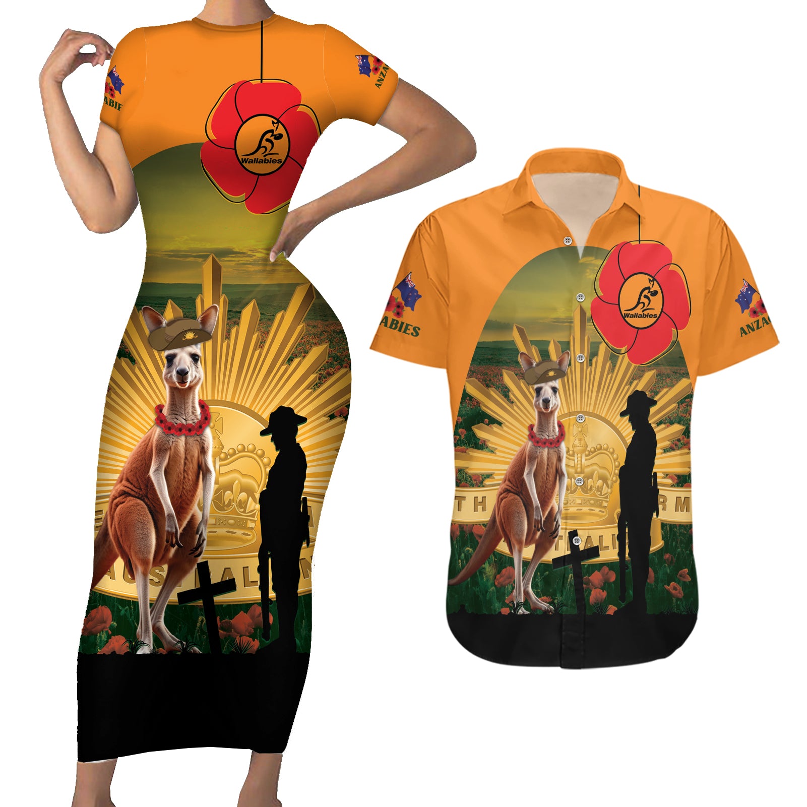 Australia Wallabies Rugby ANZAC Day Couples Matching Short Sleeve Bodycon Dress and Hawaiian Shirt 2024 Lest We Forget