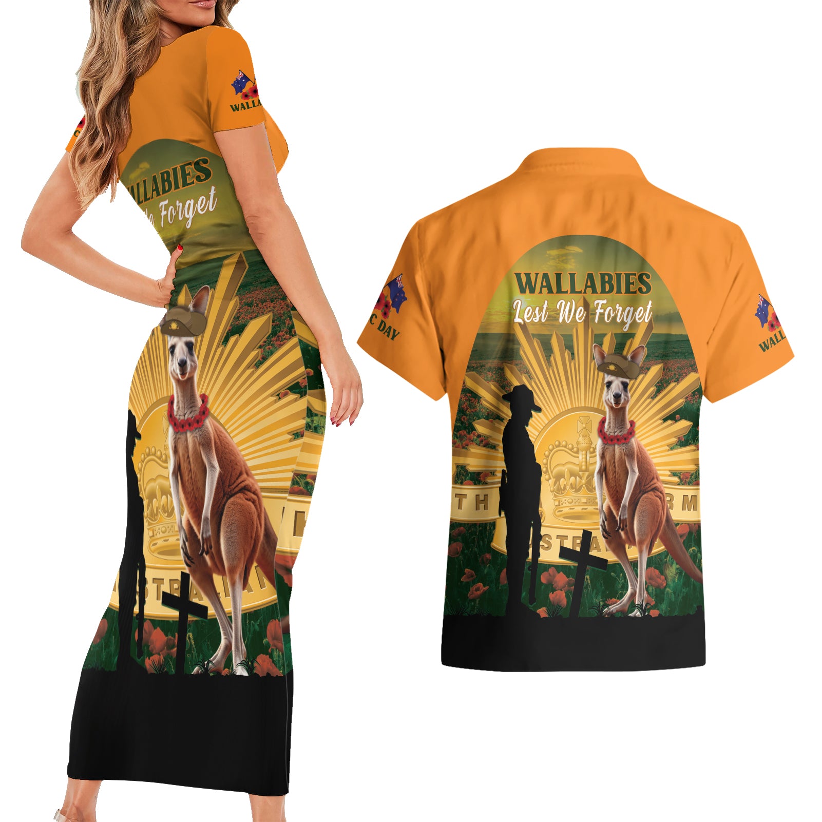 Australia Wallabies Rugby ANZAC Day Couples Matching Short Sleeve Bodycon Dress and Hawaiian Shirt 2024 Lest We Forget