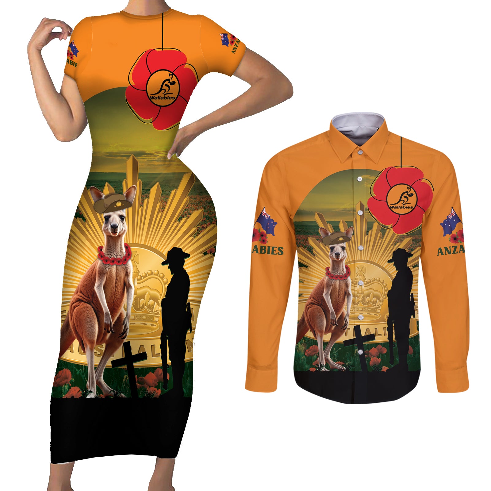 Australia Wallabies Rugby ANZAC Day Couples Matching Short Sleeve Bodycon Dress and Long Sleeve Button Shirt 2024 Lest We Forget