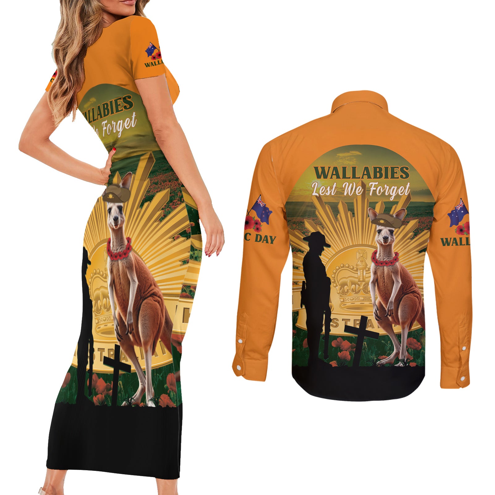 Australia Wallabies Rugby ANZAC Day Couples Matching Short Sleeve Bodycon Dress and Long Sleeve Button Shirt 2024 Lest We Forget