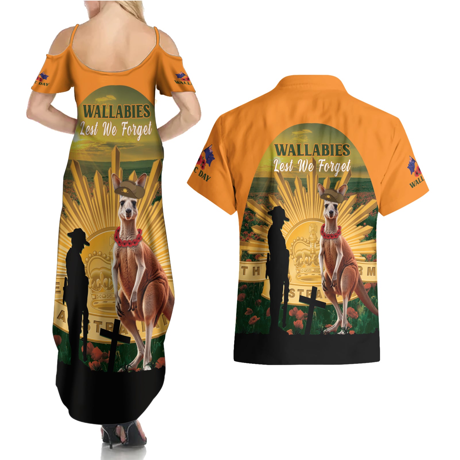 Australia Wallabies Rugby ANZAC Day Couples Matching Summer Maxi Dress and Hawaiian Shirt 2024 Lest We Forget
