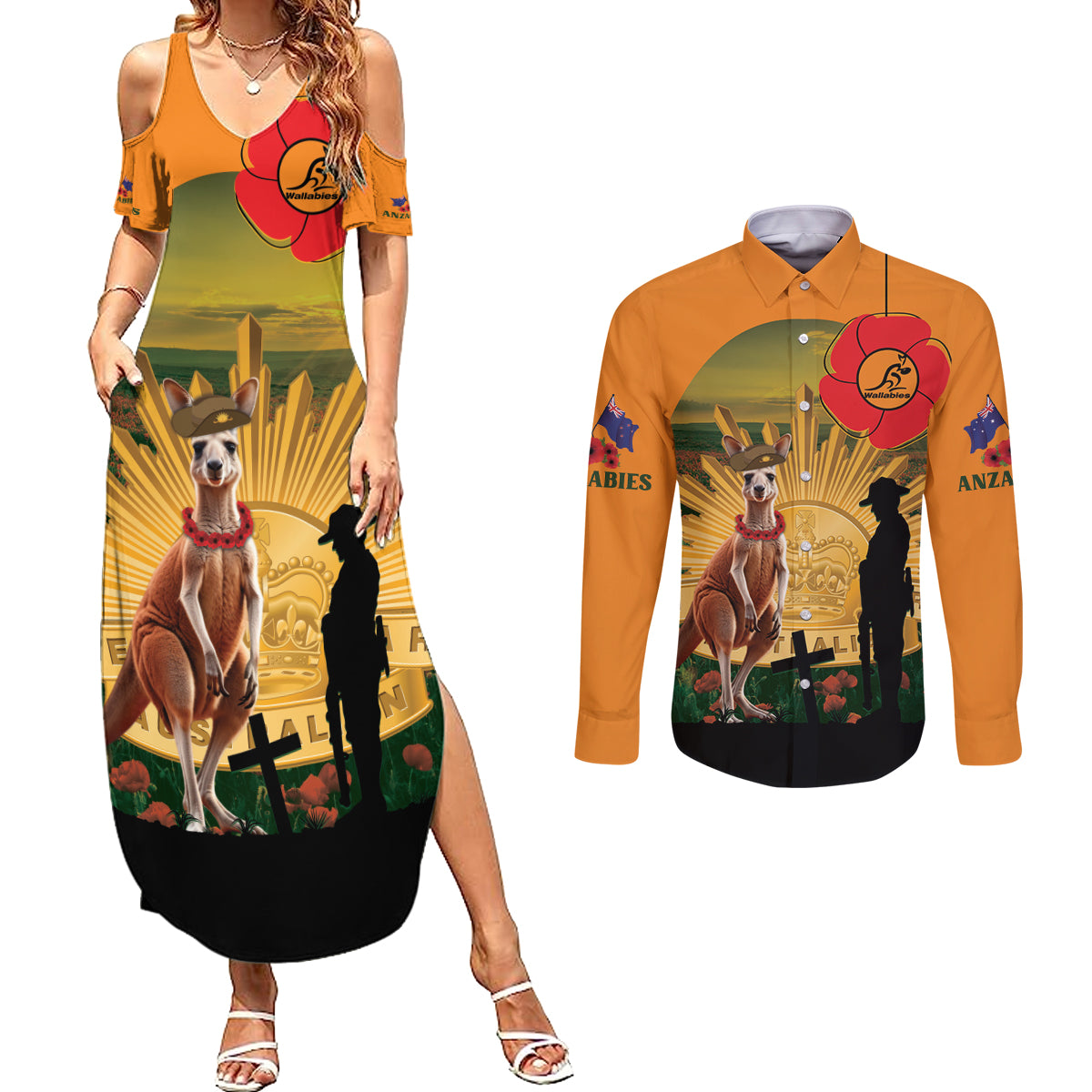 Australia Wallabies Rugby ANZAC Day Couples Matching Summer Maxi Dress and Long Sleeve Button Shirt 2024 Lest We Forget