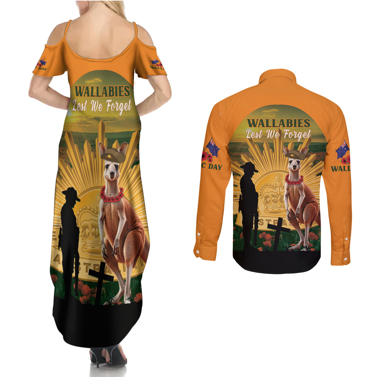 Australia Wallabies Rugby ANZAC Day Couples Matching Summer Maxi Dress and Long Sleeve Button Shirt 2024 Lest We Forget
