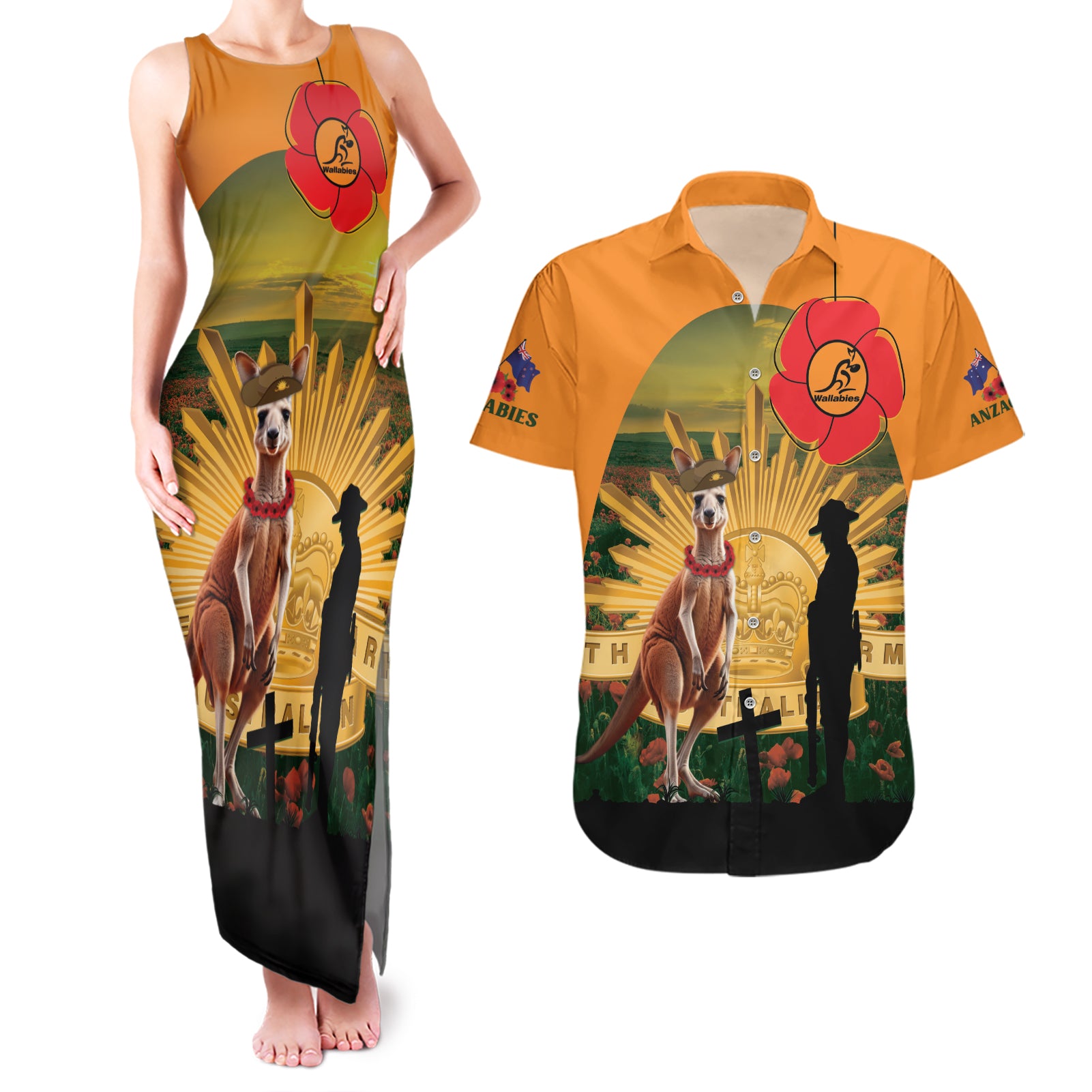 Australia Wallabies Rugby ANZAC Day Couples Matching Tank Maxi Dress and Hawaiian Shirt 2024 Lest We Forget