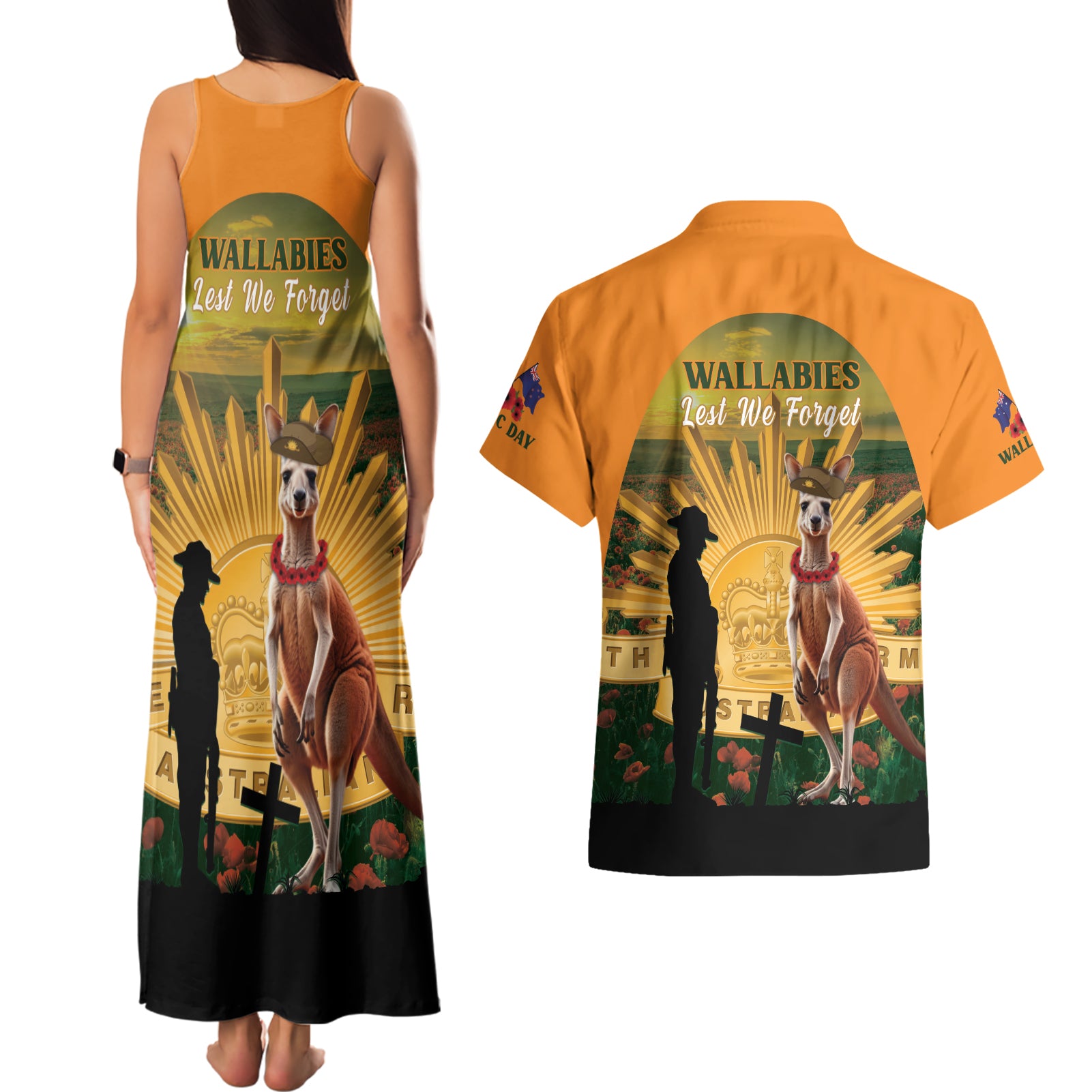 Australia Wallabies Rugby ANZAC Day Couples Matching Tank Maxi Dress and Hawaiian Shirt 2024 Lest We Forget