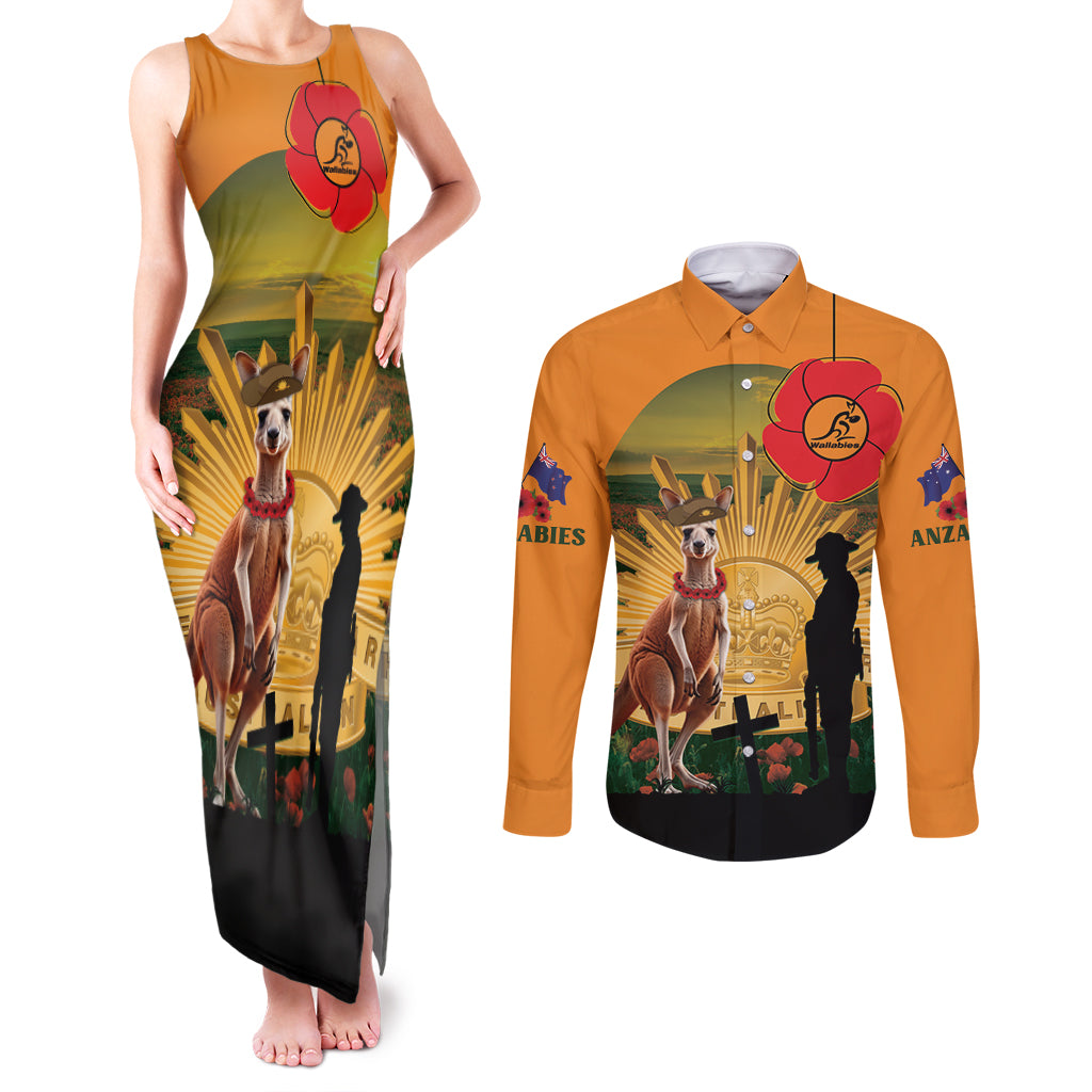 Australia Wallabies Rugby ANZAC Day Couples Matching Tank Maxi Dress and Long Sleeve Button Shirt 2024 Lest We Forget