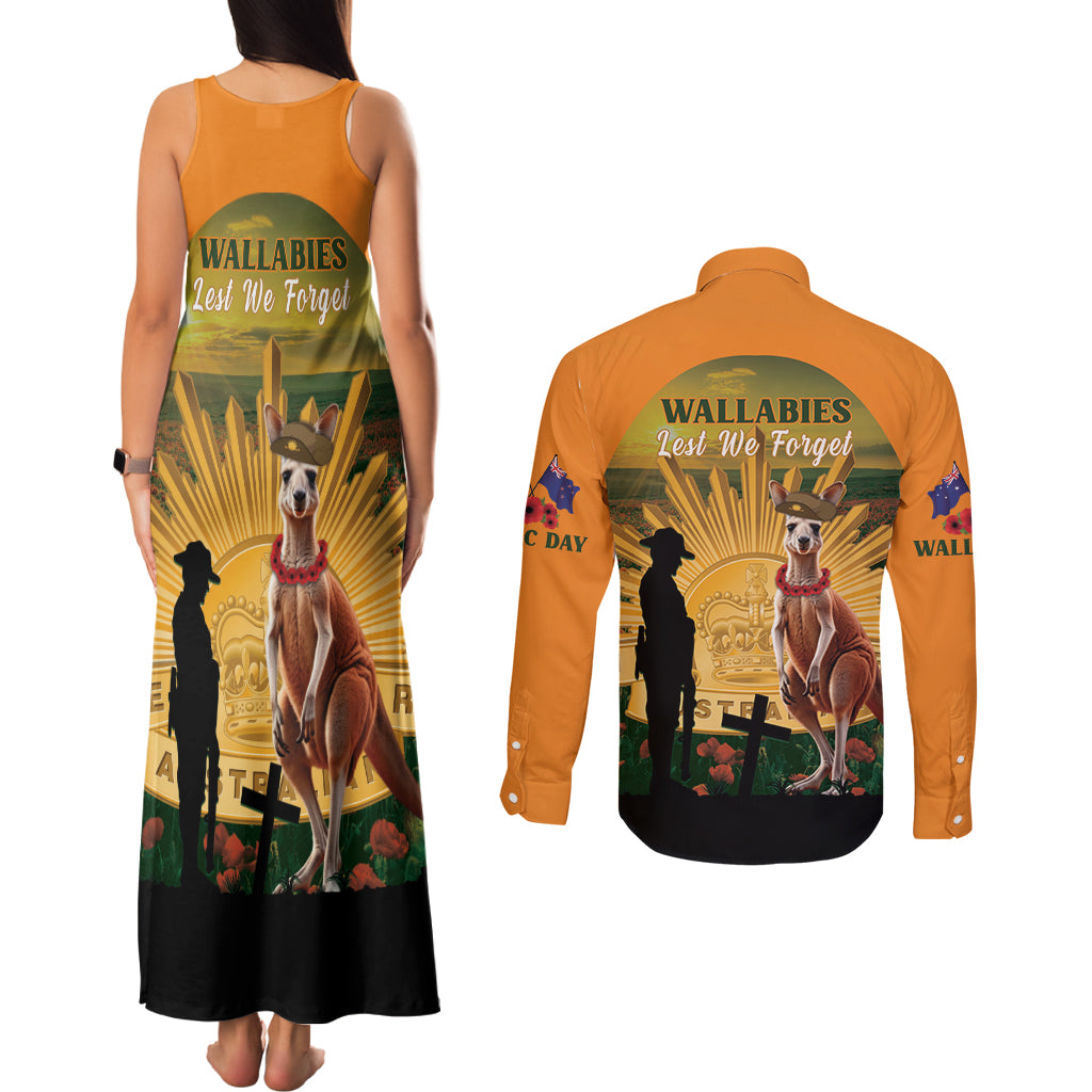 Australia Wallabies Rugby ANZAC Day Couples Matching Tank Maxi Dress and Long Sleeve Button Shirt 2024 Lest We Forget