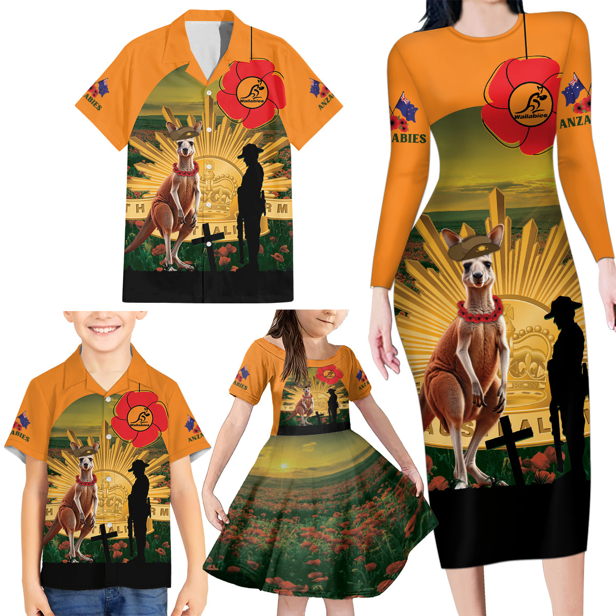 Australia Wallabies Rugby ANZAC Day Family Matching Long Sleeve Bodycon Dress and Hawaiian Shirt 2024 Lest We Forget