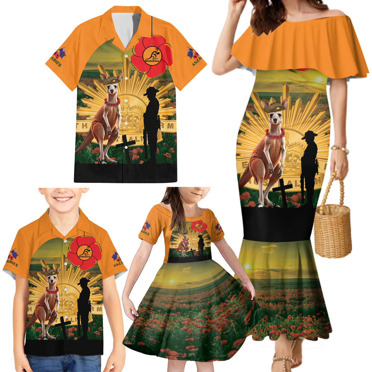 Australia Wallabies Rugby ANZAC Day Family Matching Mermaid Dress and Hawaiian Shirt 2024 Lest We Forget