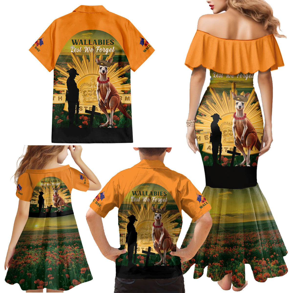 Australia Wallabies Rugby ANZAC Day Family Matching Mermaid Dress and Hawaiian Shirt 2024 Lest We Forget