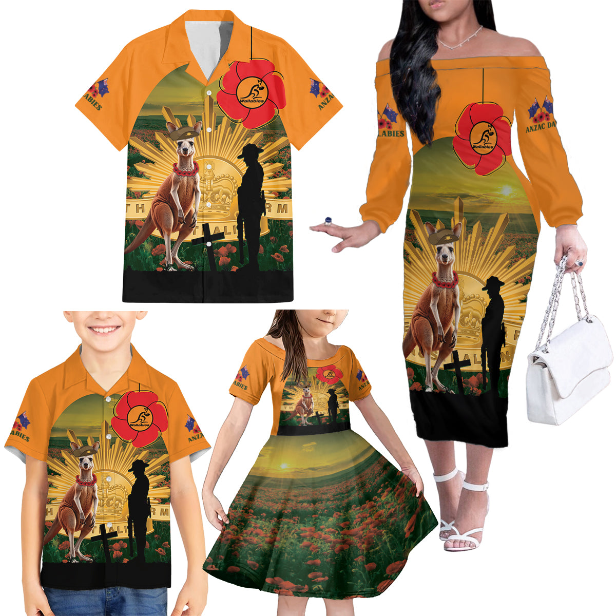 Australia Wallabies Rugby ANZAC Day Family Matching Off Shoulder Long Sleeve Dress and Hawaiian Shirt 2024 Lest We Forget