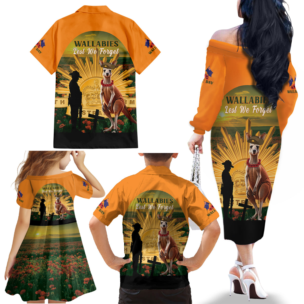Australia Wallabies Rugby ANZAC Day Family Matching Off Shoulder Long Sleeve Dress and Hawaiian Shirt 2024 Lest We Forget