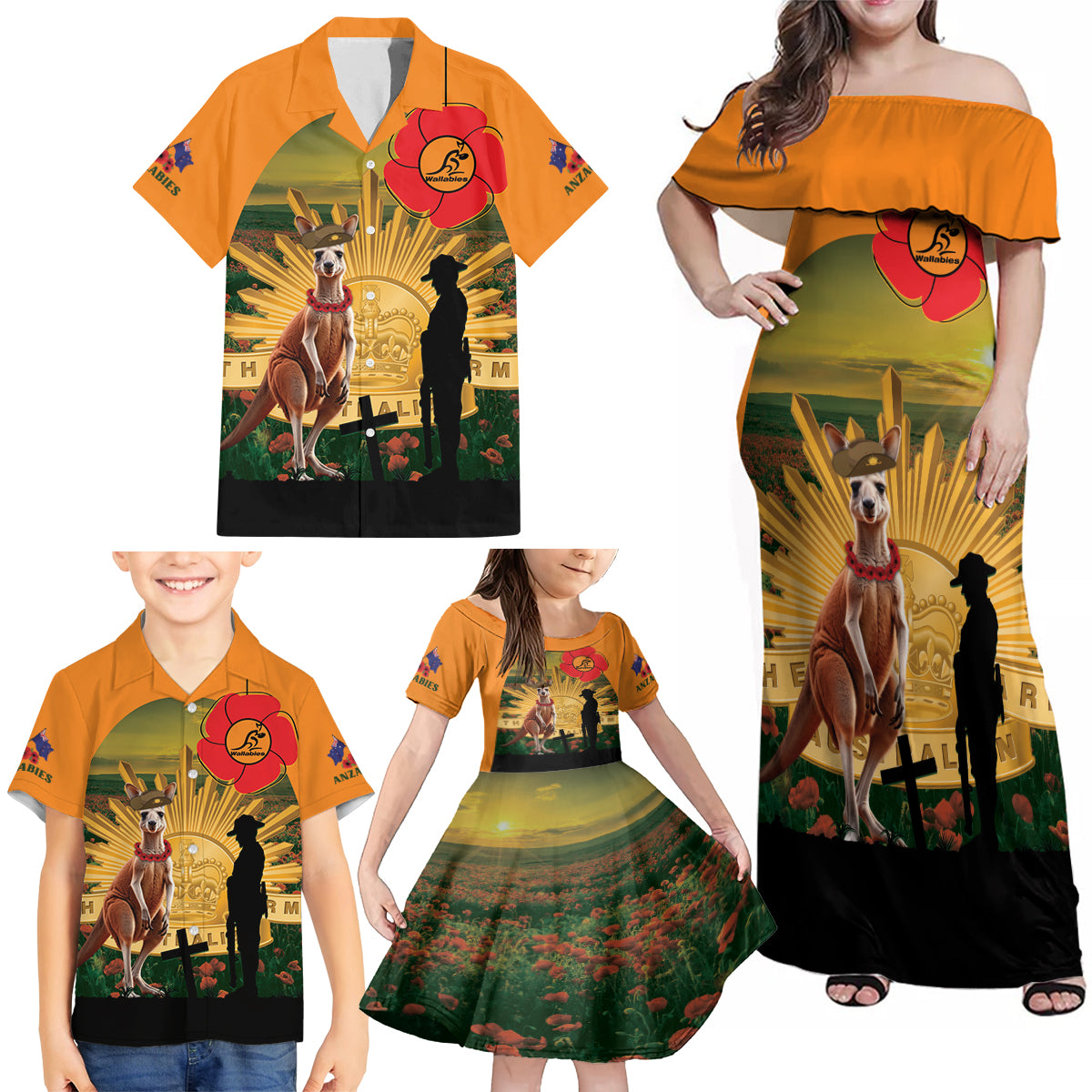 Australia Wallabies Rugby ANZAC Day Family Matching Off Shoulder Maxi Dress and Hawaiian Shirt 2024 Lest We Forget
