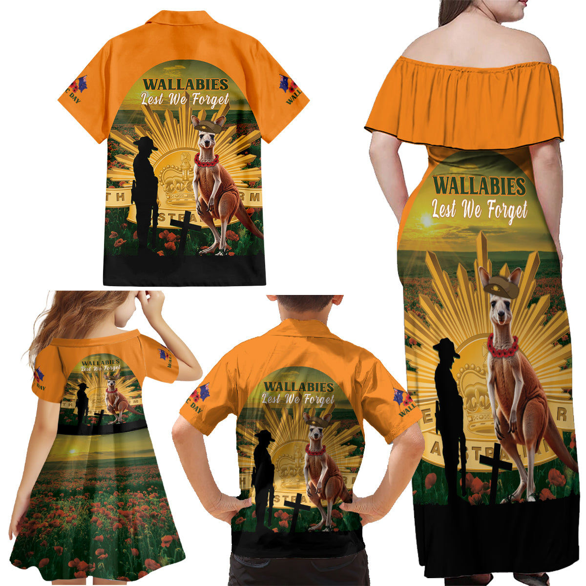Australia Wallabies Rugby ANZAC Day Family Matching Off Shoulder Maxi Dress and Hawaiian Shirt 2024 Lest We Forget