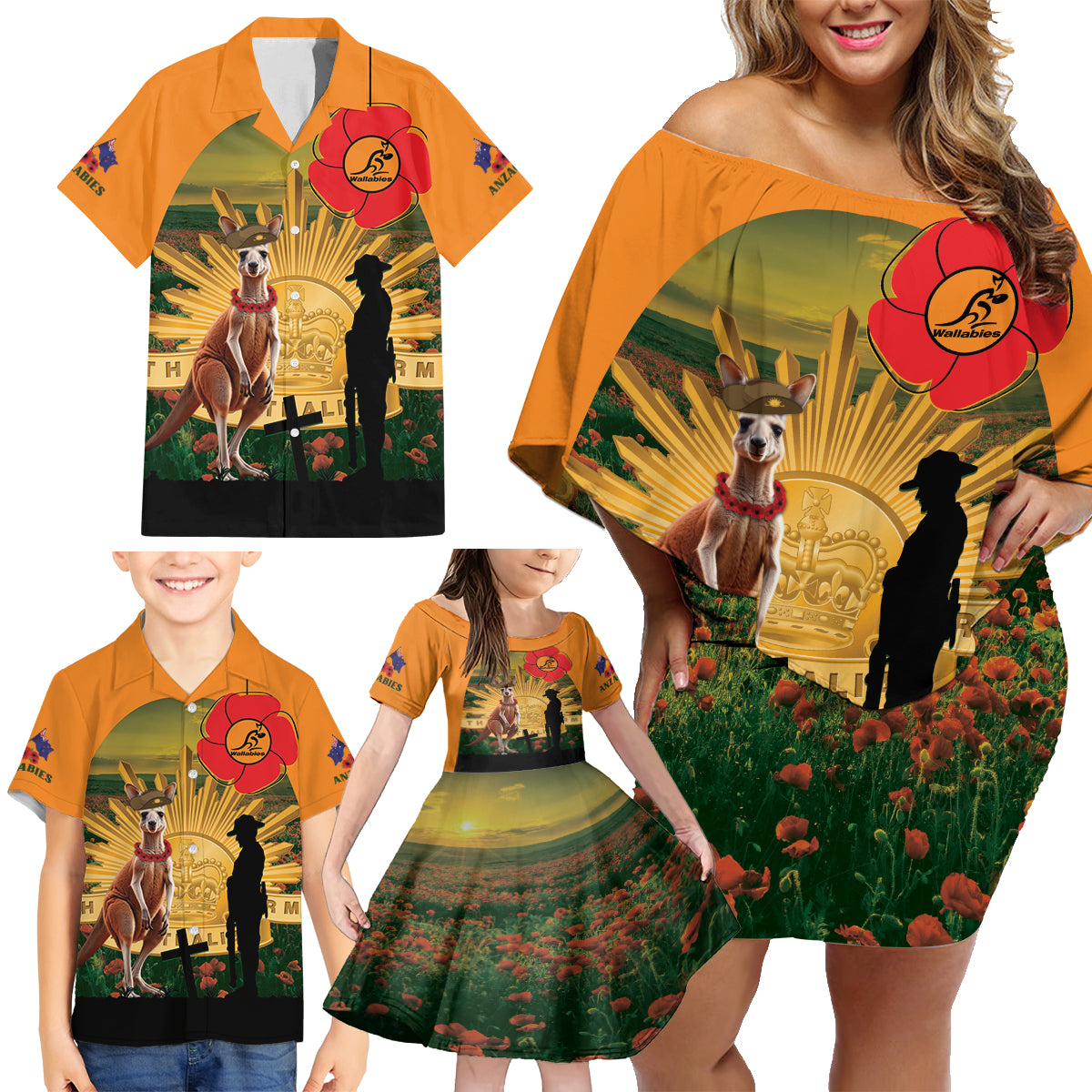 Australia Wallabies Rugby ANZAC Day Family Matching Off Shoulder Short Dress and Hawaiian Shirt 2024 Lest We Forget