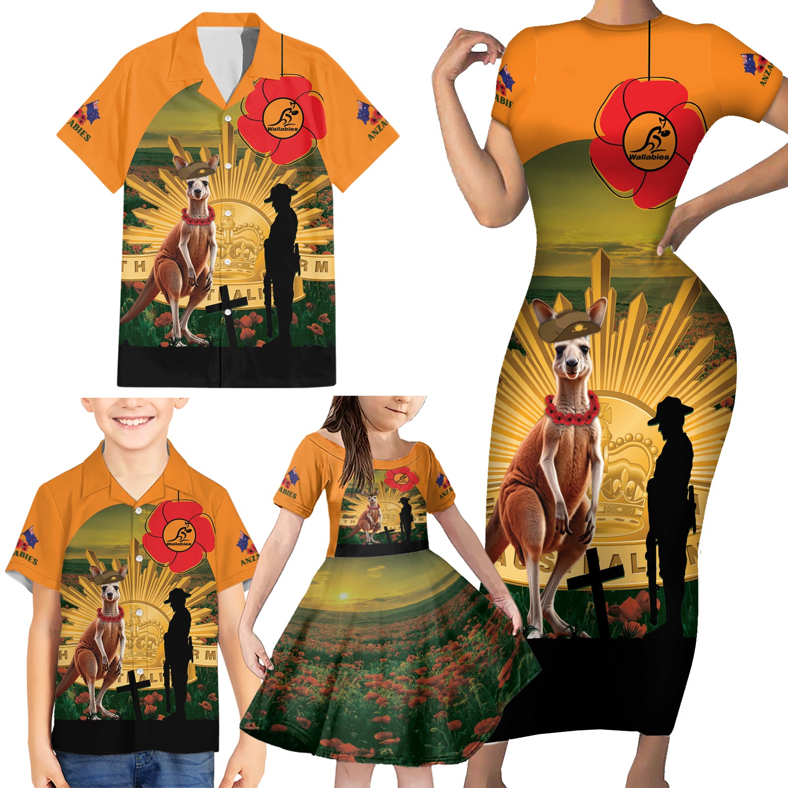 Australia Wallabies Rugby ANZAC Day Family Matching Short Sleeve Bodycon Dress and Hawaiian Shirt 2024 Lest We Forget