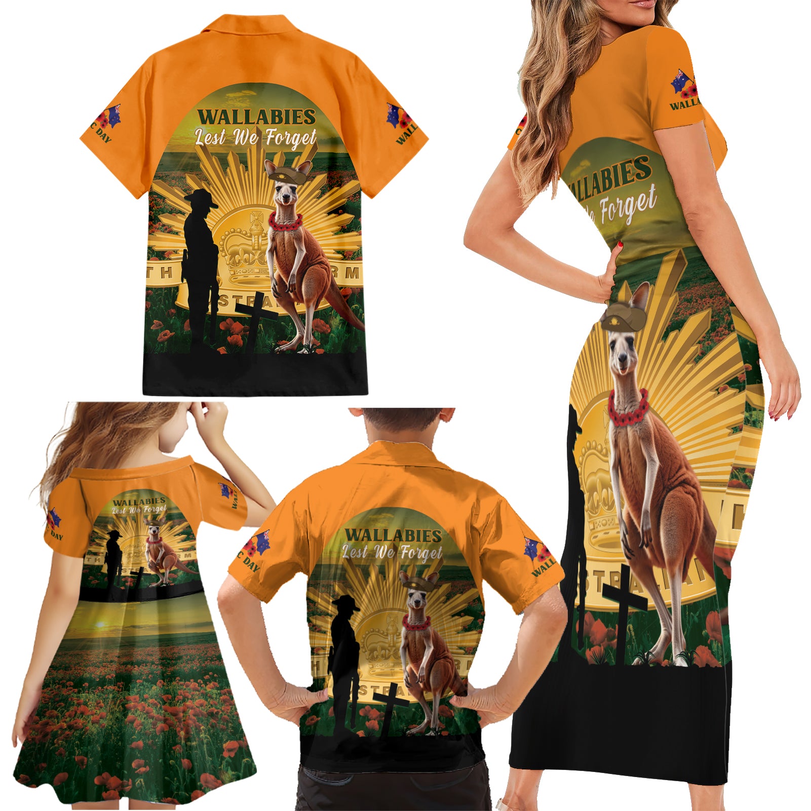 Australia Wallabies Rugby ANZAC Day Family Matching Short Sleeve Bodycon Dress and Hawaiian Shirt 2024 Lest We Forget