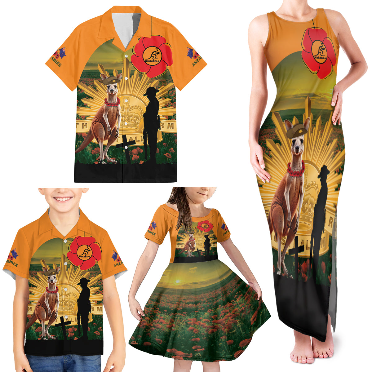 Australia Wallabies Rugby ANZAC Day Family Matching Tank Maxi Dress and Hawaiian Shirt 2024 Lest We Forget