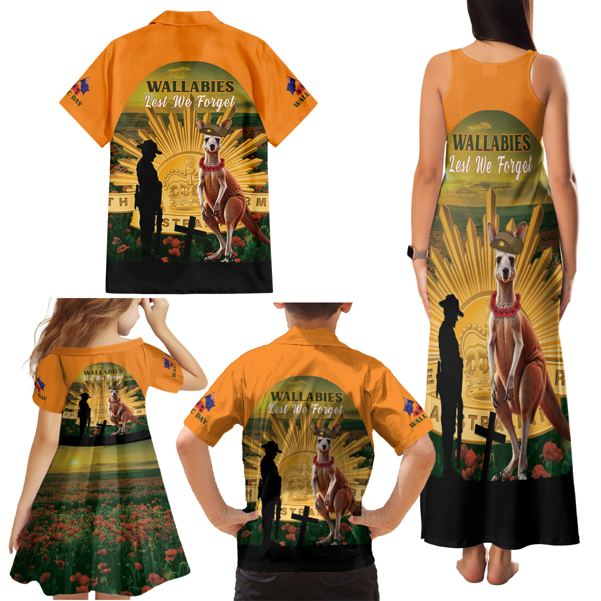 Australia Wallabies Rugby ANZAC Day Family Matching Tank Maxi Dress and Hawaiian Shirt 2024 Lest We Forget