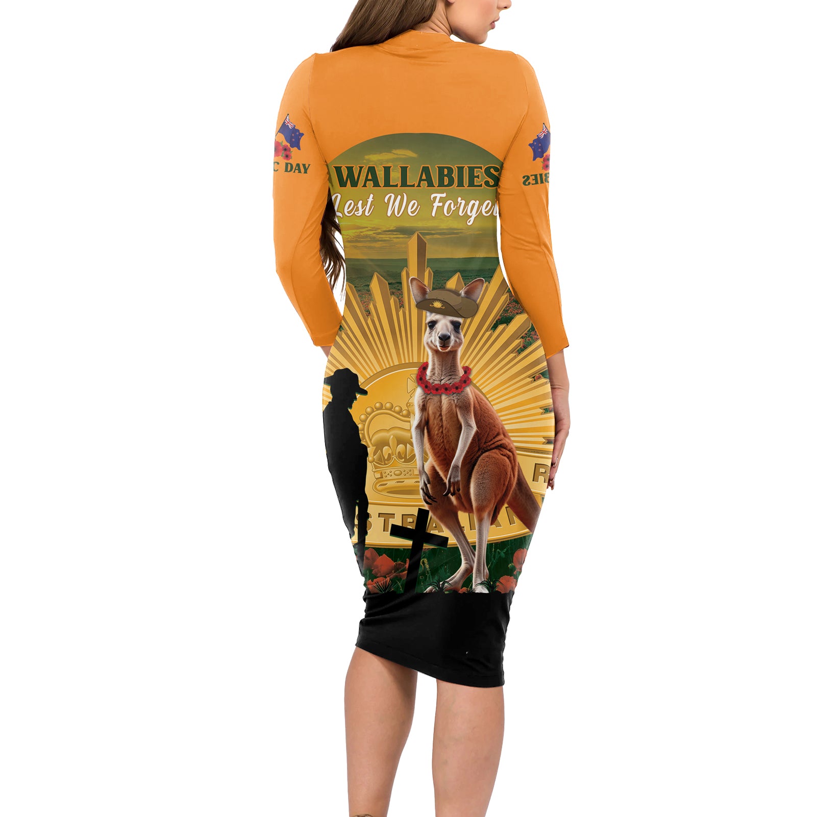 Australia Wallabies Rugby ANZAC Day Long Sleeve Bodycon Dress 2024 Lest We Forget