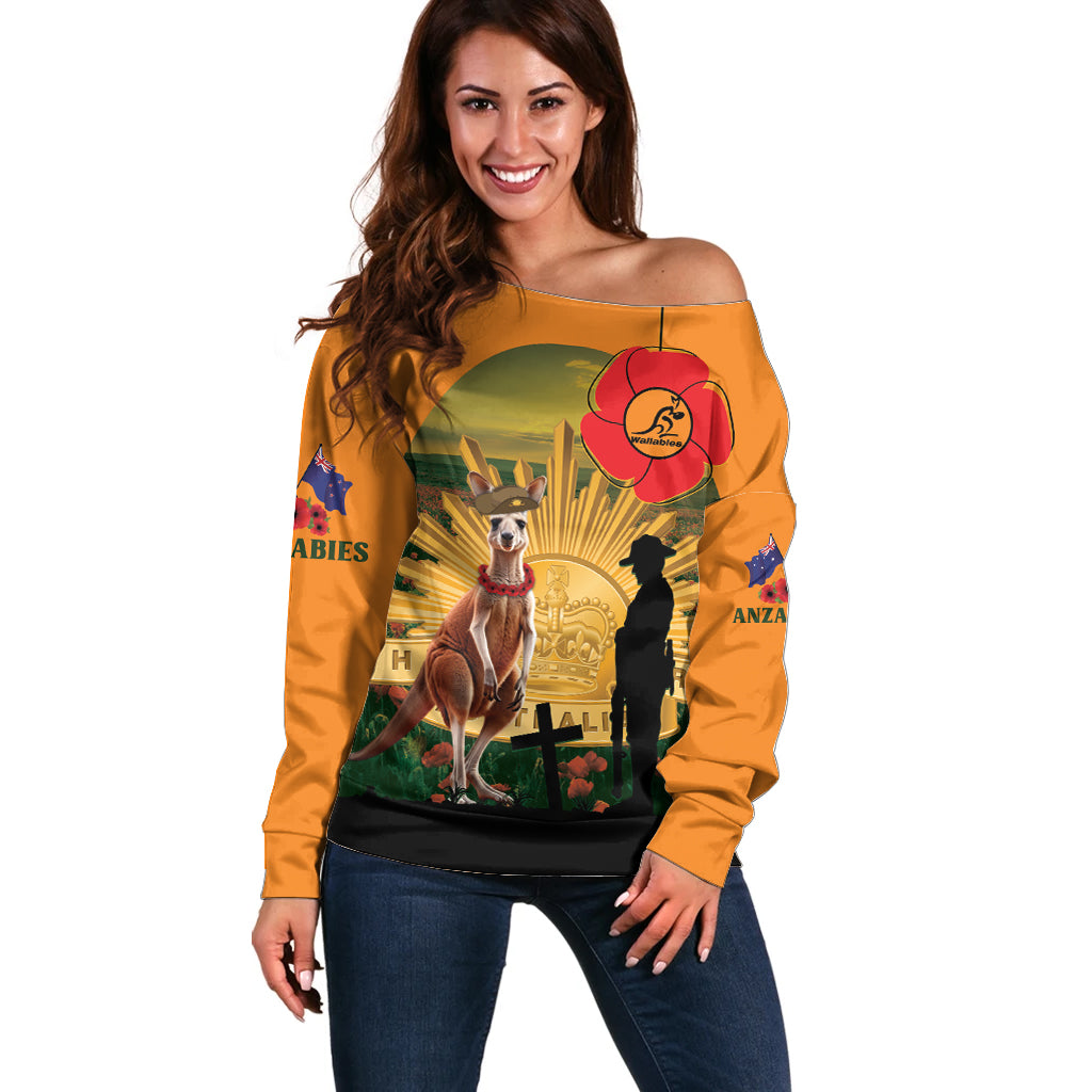 Australia Wallabies Rugby ANZAC Day Off Shoulder Sweater 2024 Lest We Forget - Vibe Hoodie Shop