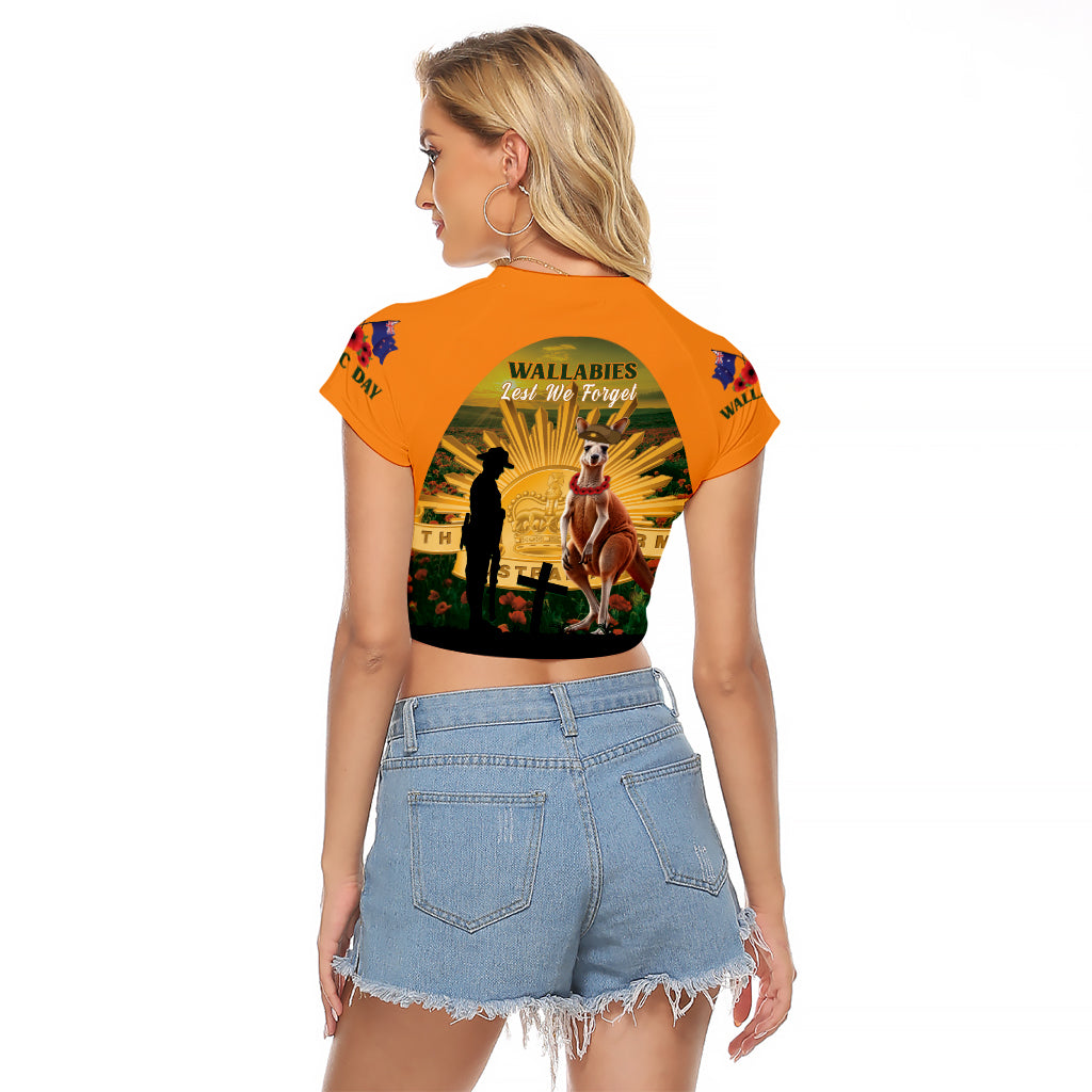 Australia Wallabies Rugby ANZAC Day Raglan Cropped T Shirt 2024 Lest We Forget - Vibe Hoodie Shop