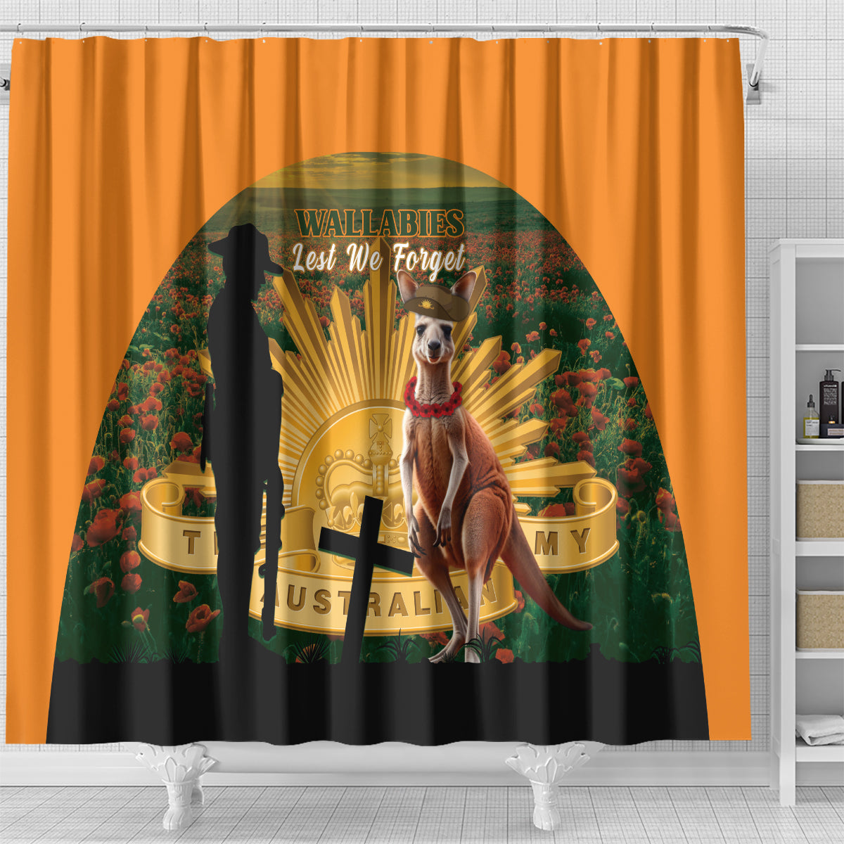 Australia Wallabies Rugby ANZAC Day Shower Curtain 2024 Lest We Forget