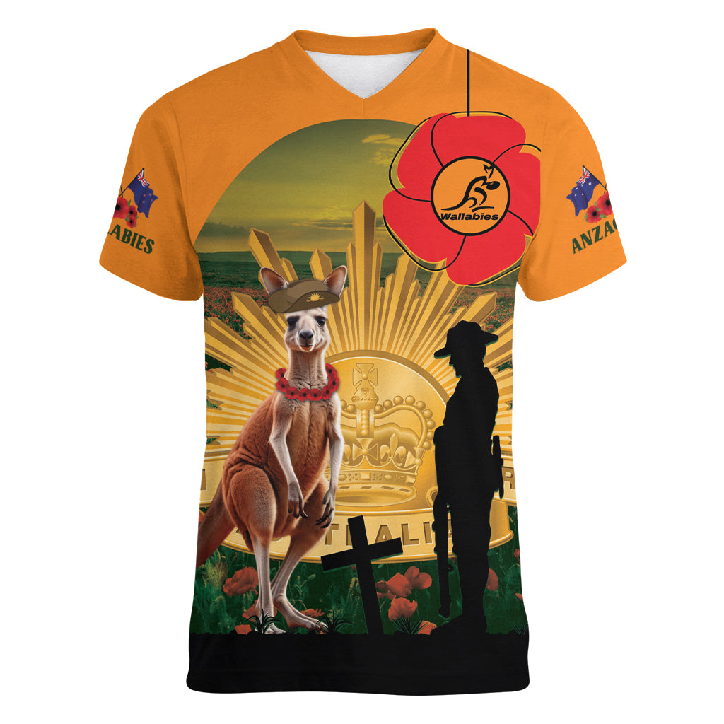 Australia Wallabies Rugby ANZAC Day Women V Neck T Shirt 2024 Lest We Forget - Vibe Hoodie Shop