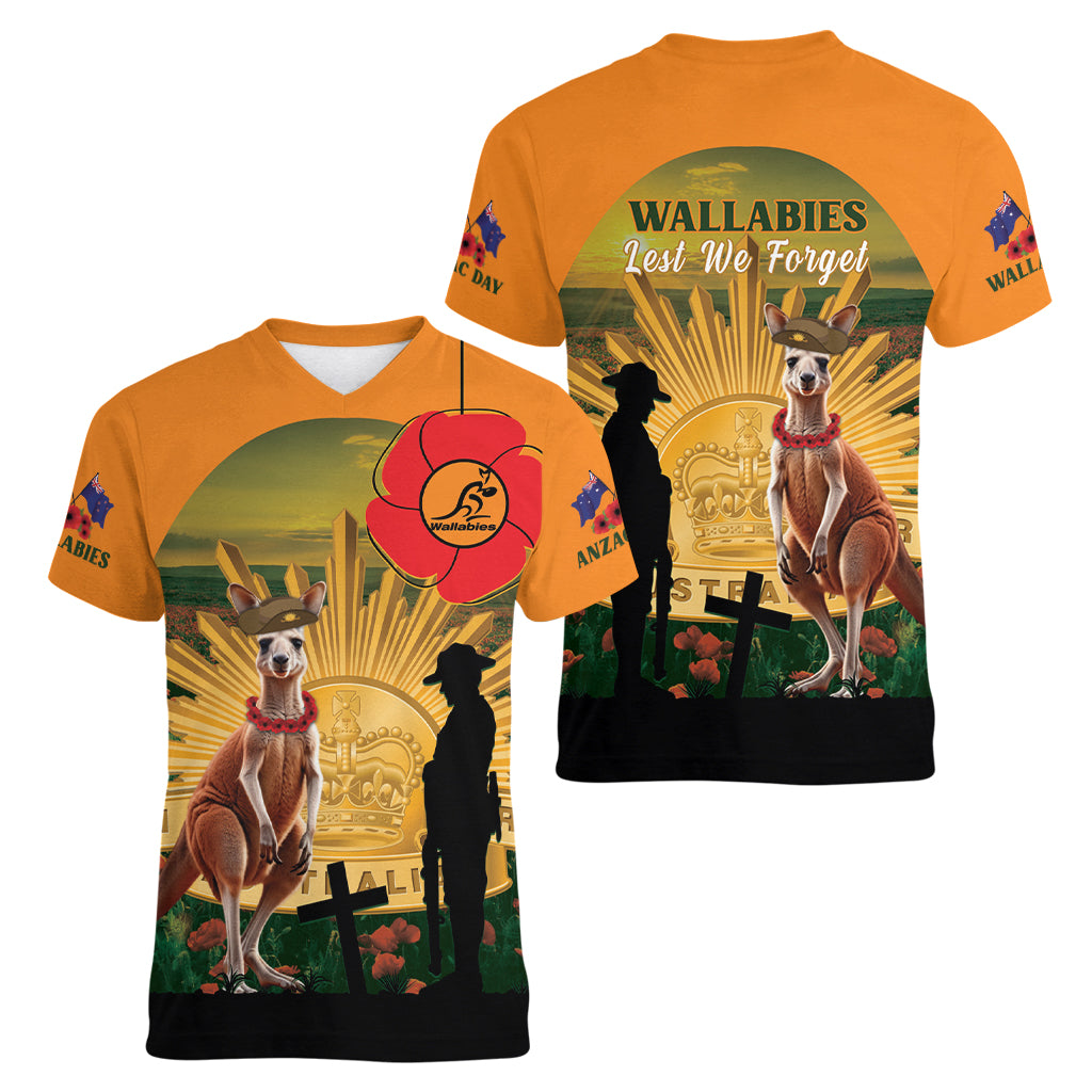 Australia Wallabies Rugby ANZAC Day Women V Neck T Shirt 2024 Lest We Forget - Vibe Hoodie Shop