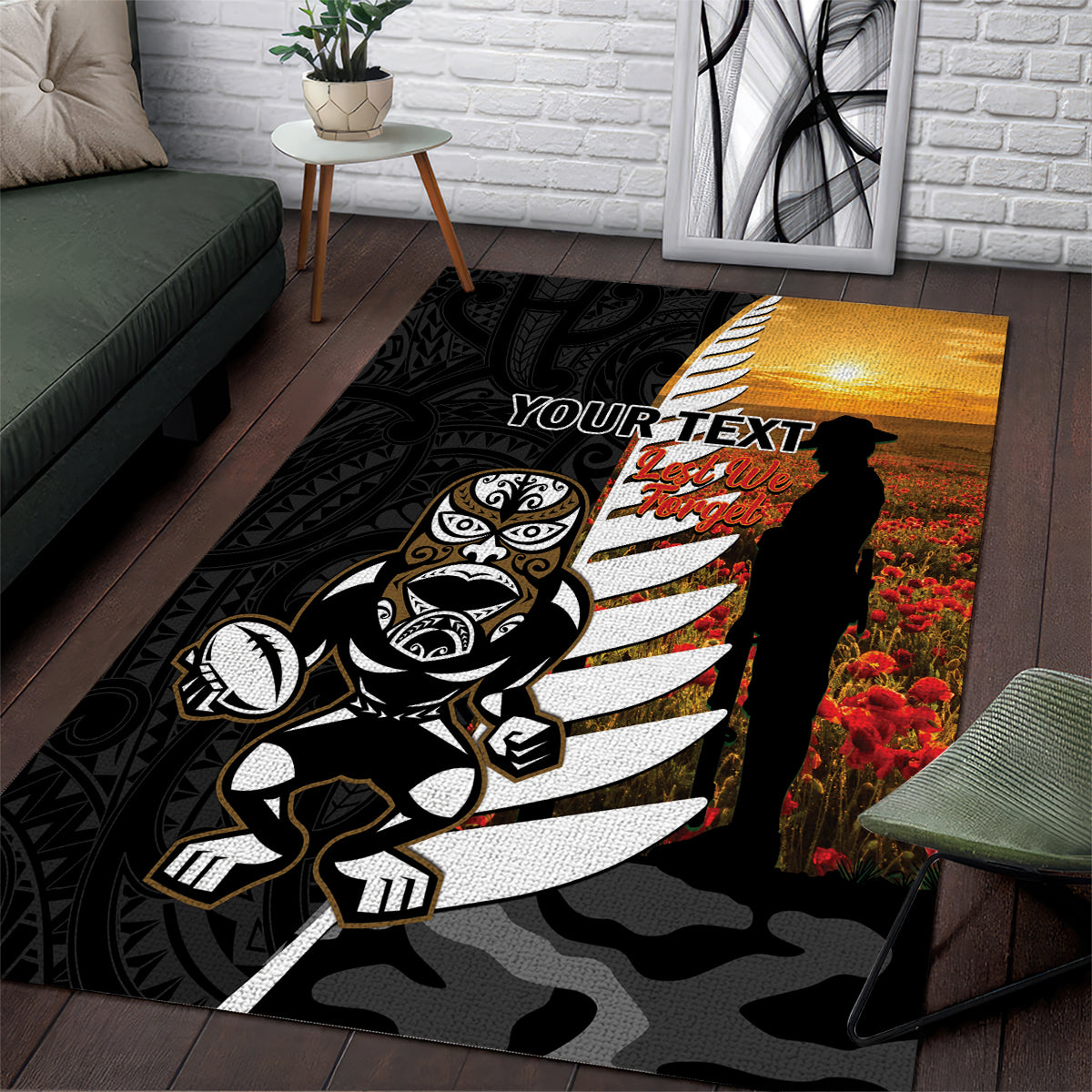 Custom New Zealand Silver Fern Rugby ANZAC Day Area Rug 2024 All Black Tiki Mascot - Vibe Hoodie Shop