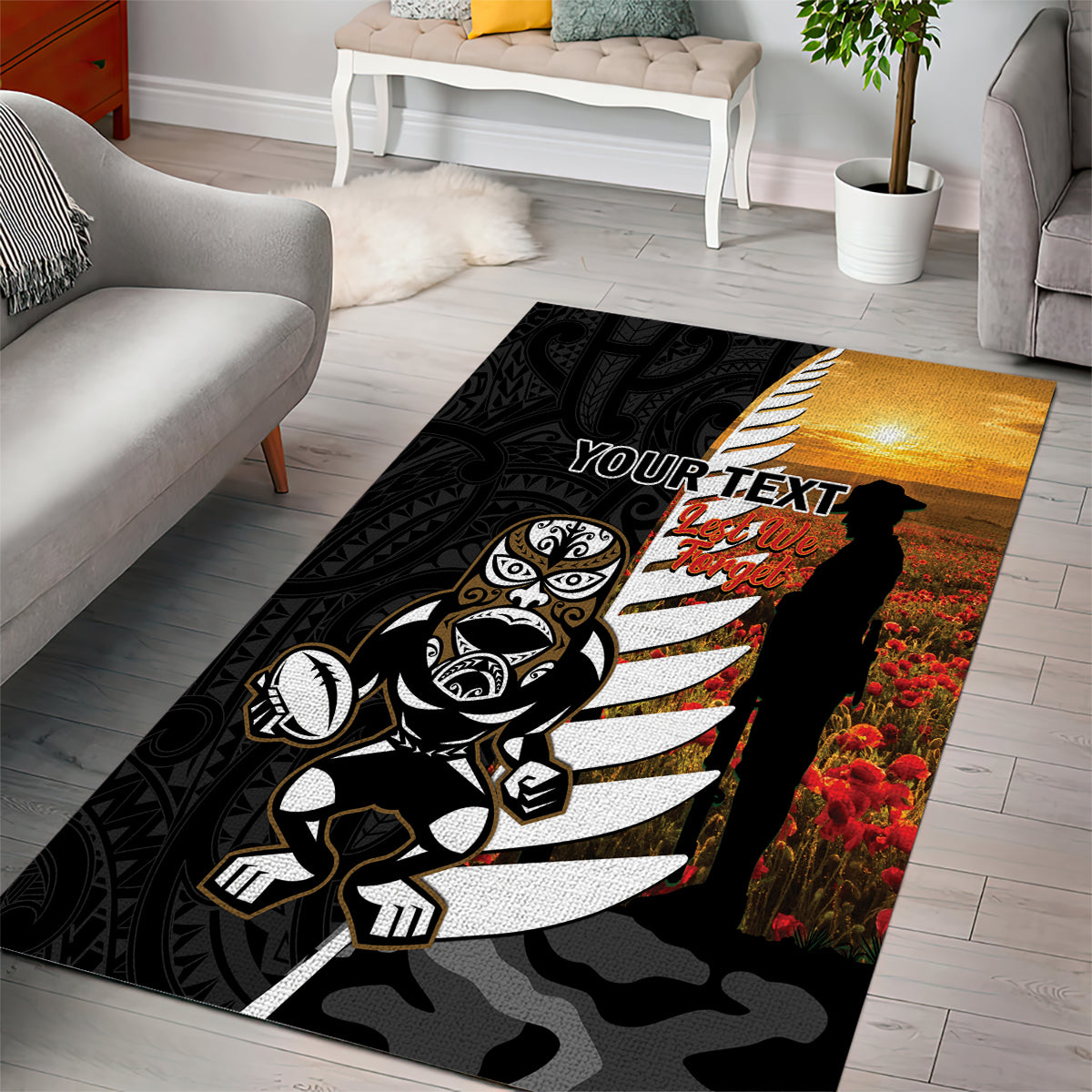 Custom New Zealand Silver Fern Rugby ANZAC Day Area Rug 2024 All Black Tiki Mascot - Vibe Hoodie Shop