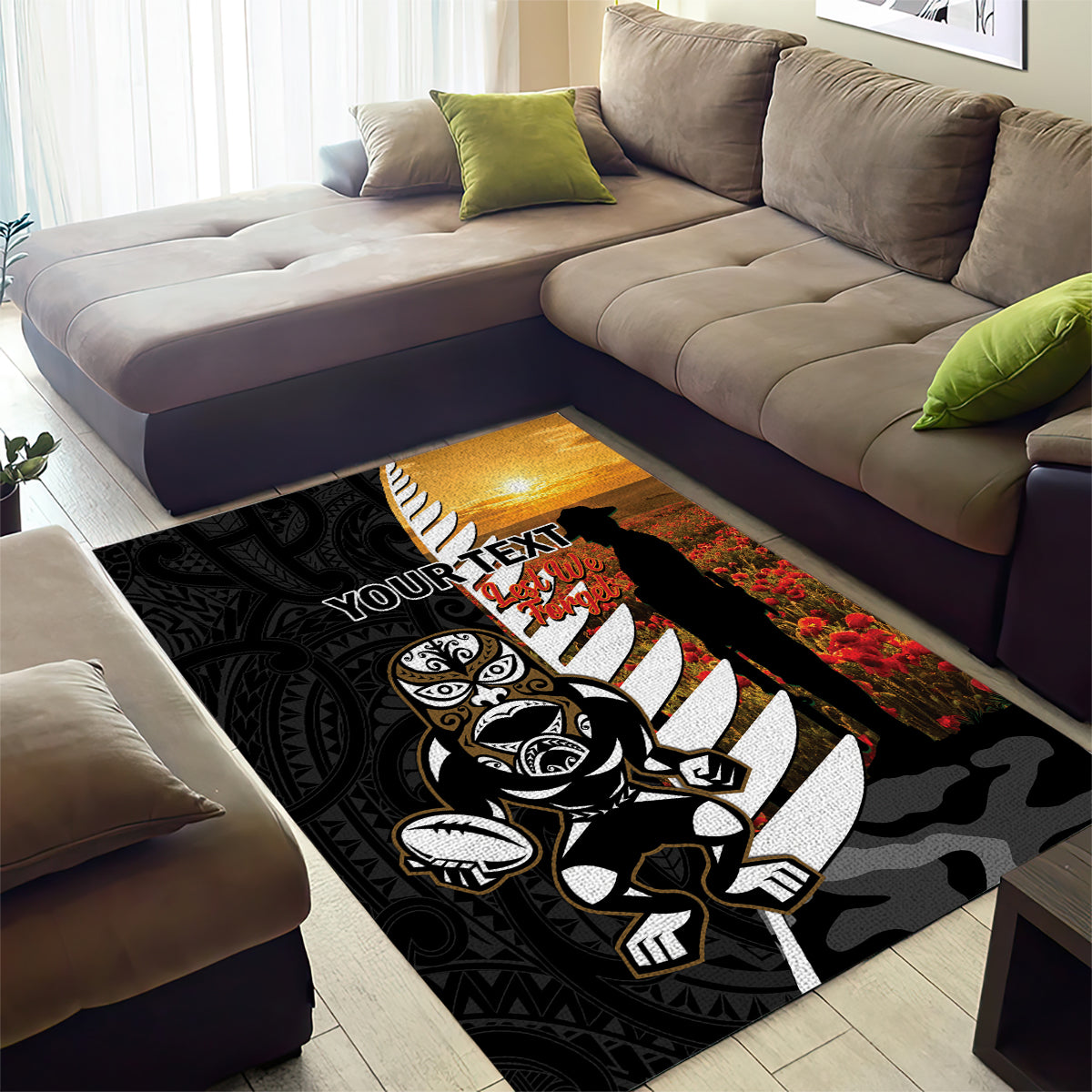 Custom New Zealand Silver Fern Rugby ANZAC Day Area Rug 2024 All Black Tiki Mascot - Vibe Hoodie Shop