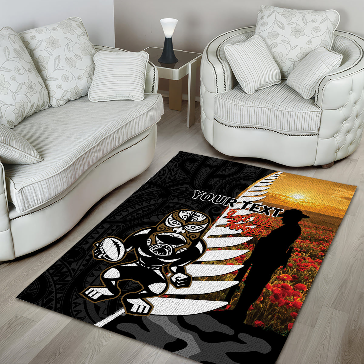 Custom New Zealand Silver Fern Rugby ANZAC Day Area Rug 2024 All Black Tiki Mascot - Vibe Hoodie Shop