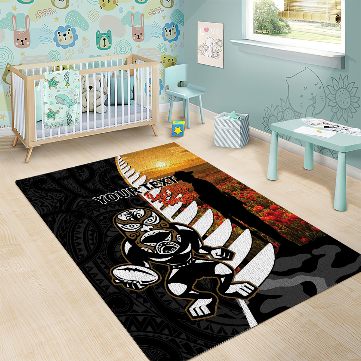 Custom New Zealand Silver Fern Rugby ANZAC Day Area Rug 2024 All Black Tiki Mascot - Vibe Hoodie Shop