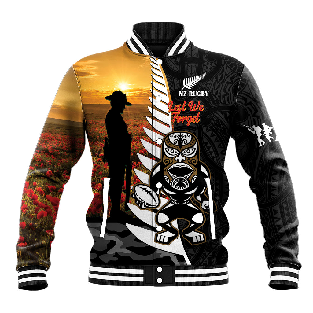 Custom New Zealand Silver Fern Rugby ANZAC Day Baseball Jacket 2024 All Black Tiki Mascot - Vibe Hoodie Shop