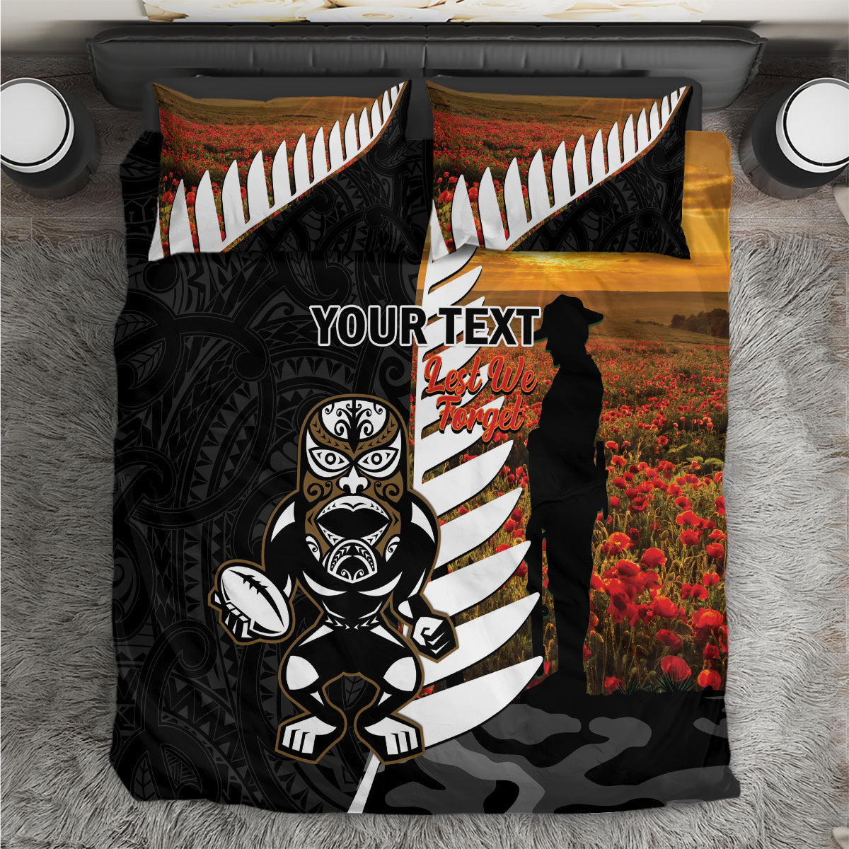 Custom New Zealand Silver Fern Rugby ANZAC Day Bedding Set 2024 All Black Tiki Mascot - Vibe Hoodie Shop