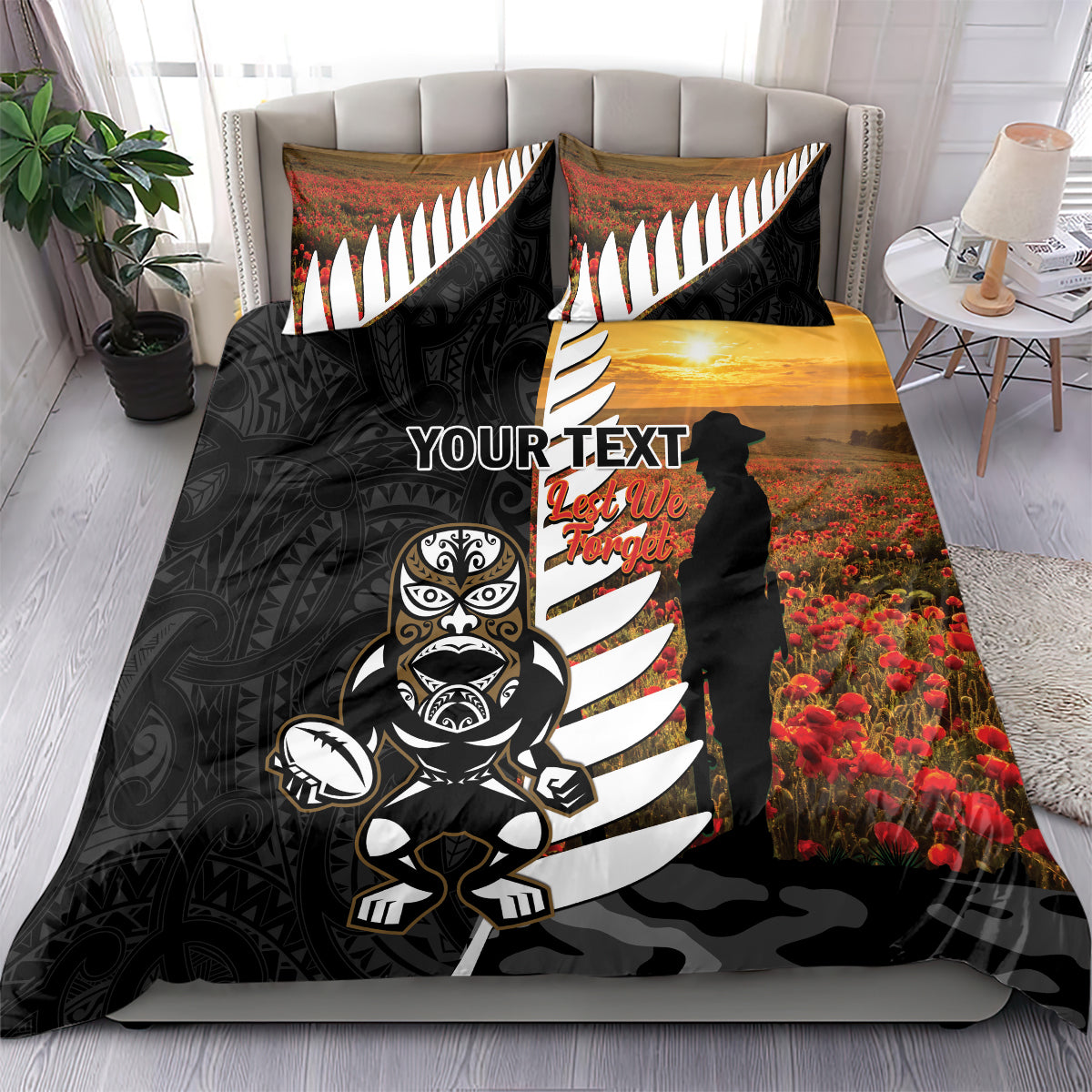 Custom New Zealand Silver Fern Rugby ANZAC Day Bedding Set 2024 All Black Tiki Mascot - Vibe Hoodie Shop