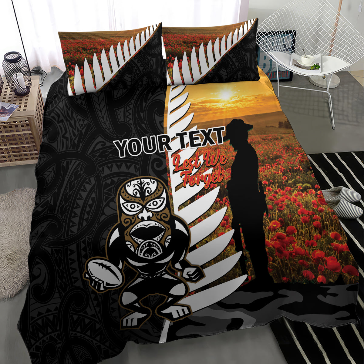 Custom New Zealand Silver Fern Rugby ANZAC Day Bedding Set 2024 All Black Tiki Mascot - Vibe Hoodie Shop
